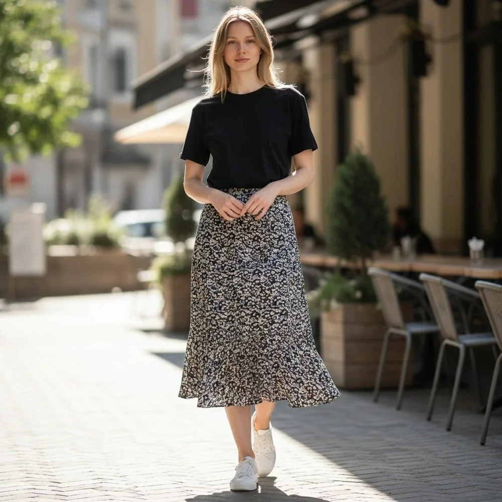 Ann Taylor Floral Midi Skirt‎ Navy Burgundy Ditsy Print Ruffle Hem Size 4 Office
